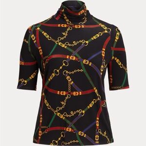 Lauren Ralph Lauren Equestrian Chain Print Mock Neck Top Slim Fit Size XL